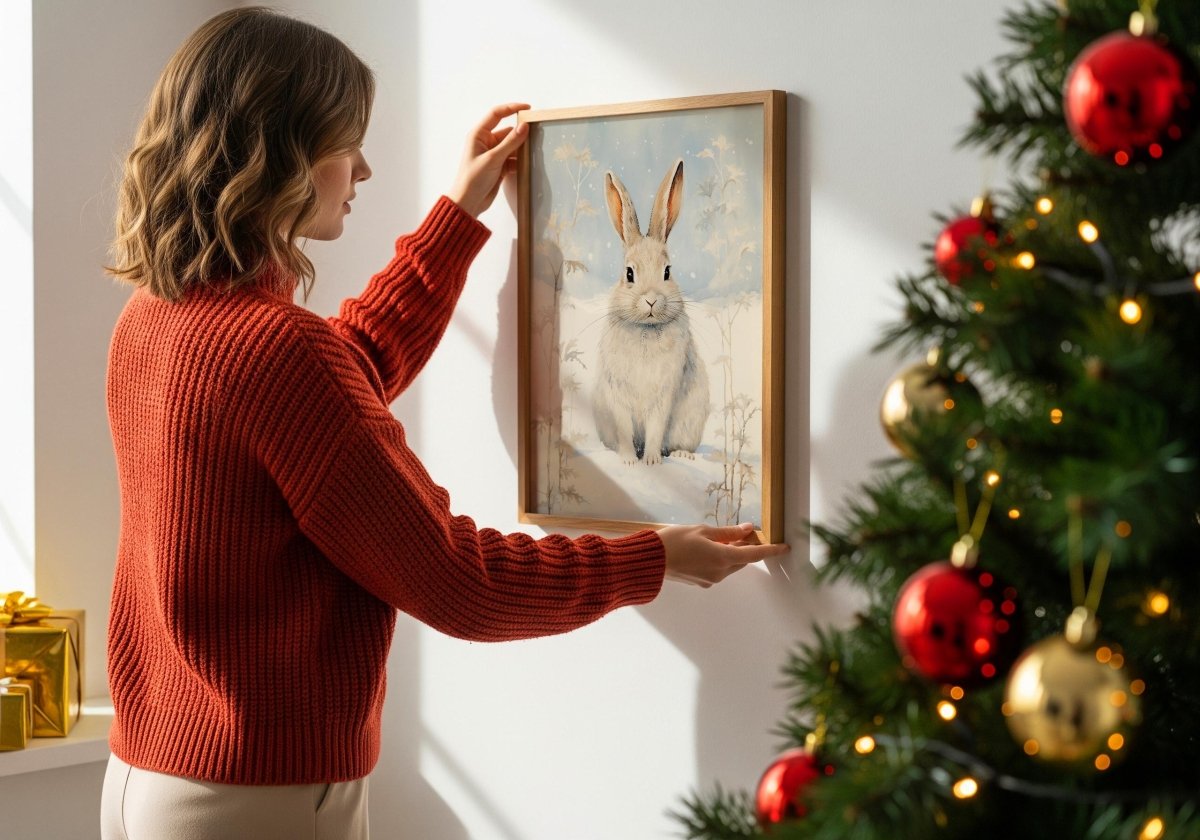 Hase Winter Poster · Niedliches Tierbild im Schnee · Geschenkidee · Skandinavische Weihnachtsdeko · Dekoprint ohne Rahmen - justgoodmood