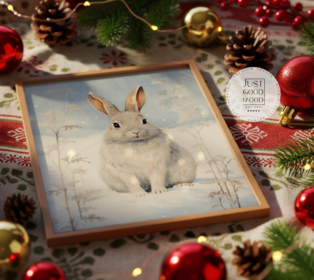 Hase Winter Poster · Niedliches Tierbild im Schnee · Geschenkidee · Skandinavische Weihnachtsdeko · Dekoprint ohne Rahmen - justgoodmood