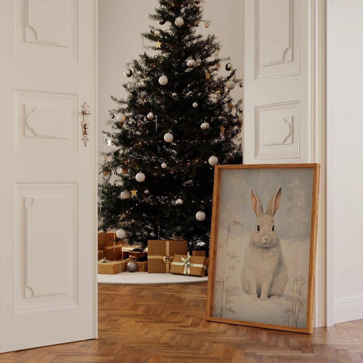 Hase Winter Poster · Niedliches Tierbild im Schnee · Geschenkidee · Skandinavische Weihnachtsdeko · Dekoprint ohne Rahmen - justgoodmood