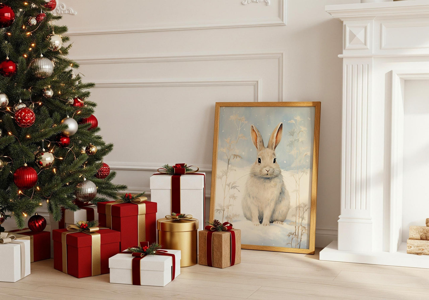 Hase Winter Poster · Niedliches Tierbild im Schnee · Geschenkidee · Skandinavische Weihnachtsdeko · Dekoprint ohne Rahmen - justgoodmood