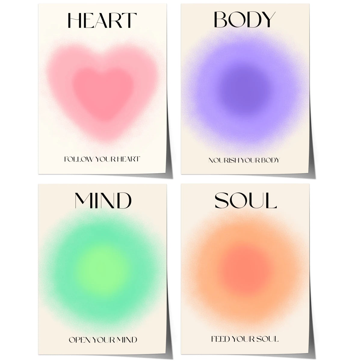Heart Body Mind Soul Poster · Motivations Sprüche Set · Minimalistische Typografie mit Farbverlauf Design · Print ohne Rahmen - justgoodmood