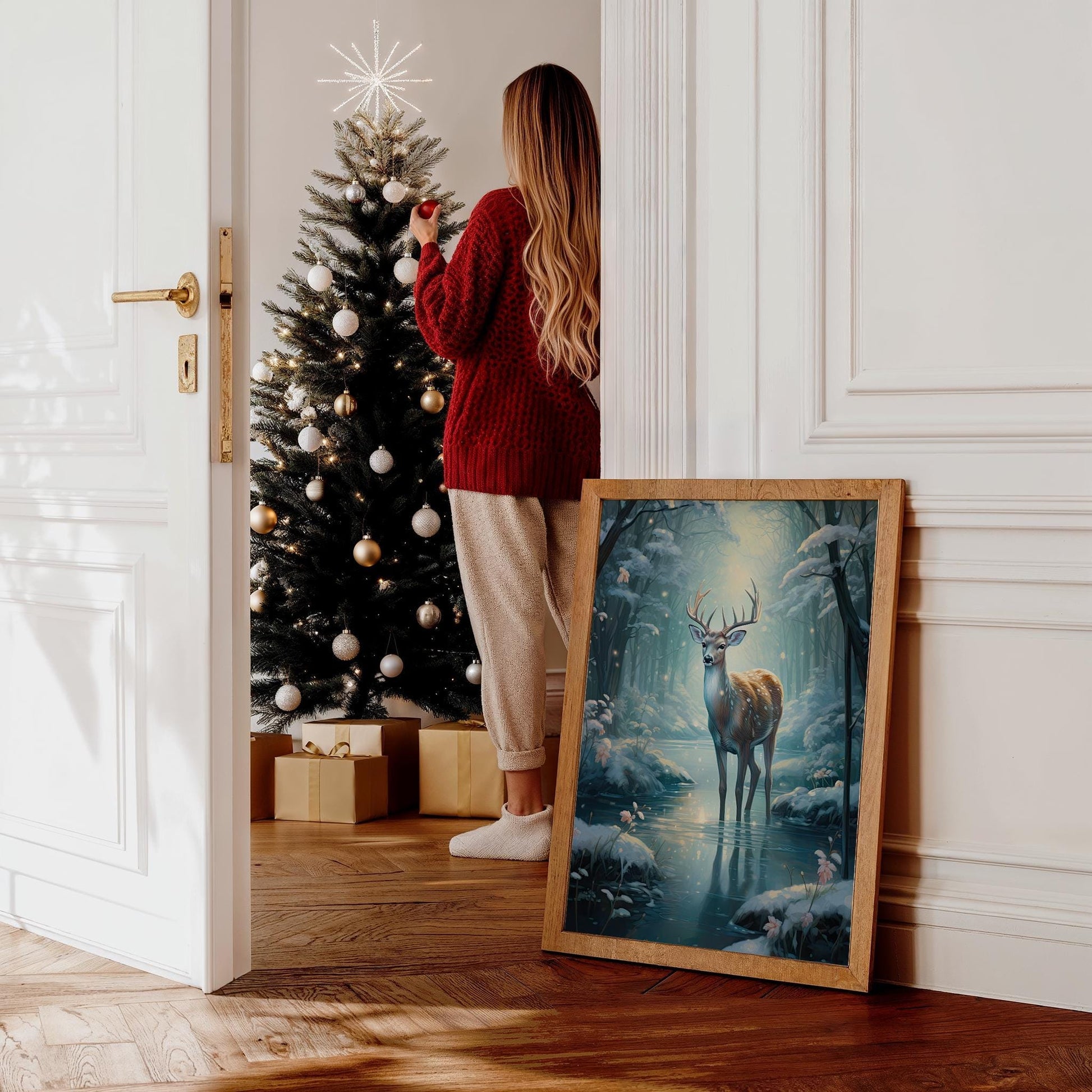 Hirsch Winter Poster · Geschenkidee für Weihnachtsliebhaber · Magischer Wald Schnee Hirsch · Dekoprint ohne Rahmen - justgoodmood