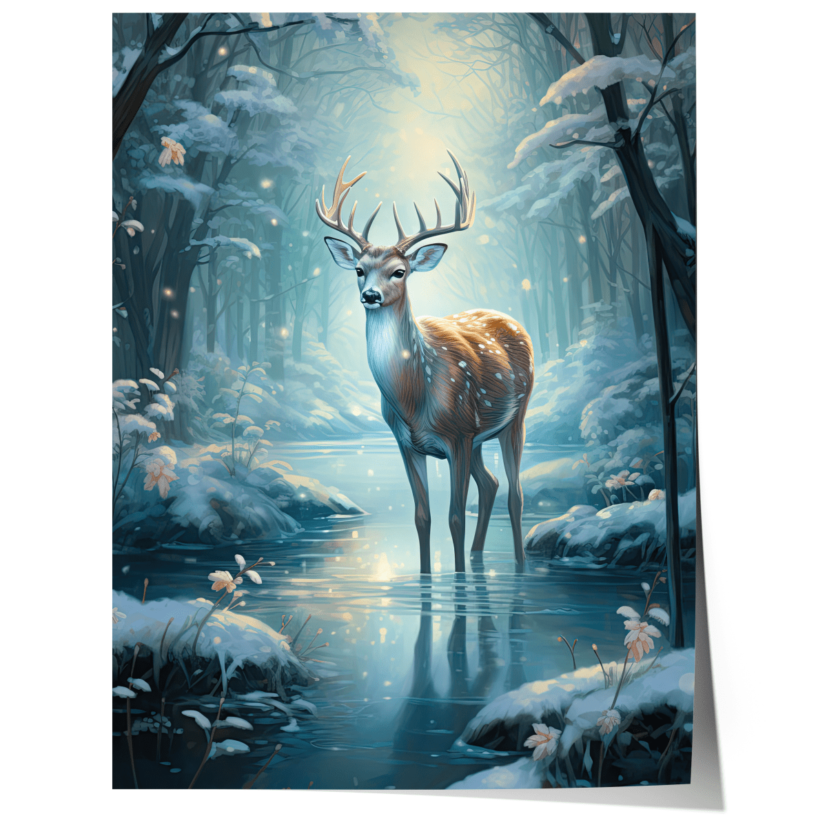 Hirsch Winter Poster · Geschenkidee für Weihnachtsliebhaber · Magischer Wald Schnee Hirsch · Dekoprint ohne Rahmen - justgoodmood