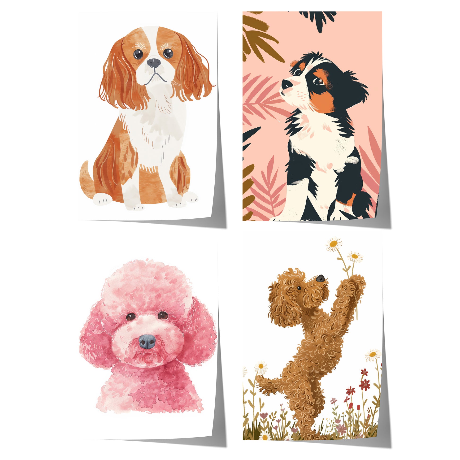 Niedliche Hunde Poster mit Cavalier, schwarz-weißem Welpen, rosa Pudel und braunem Hund mit Blumen im verspielten Illustrationsstil.