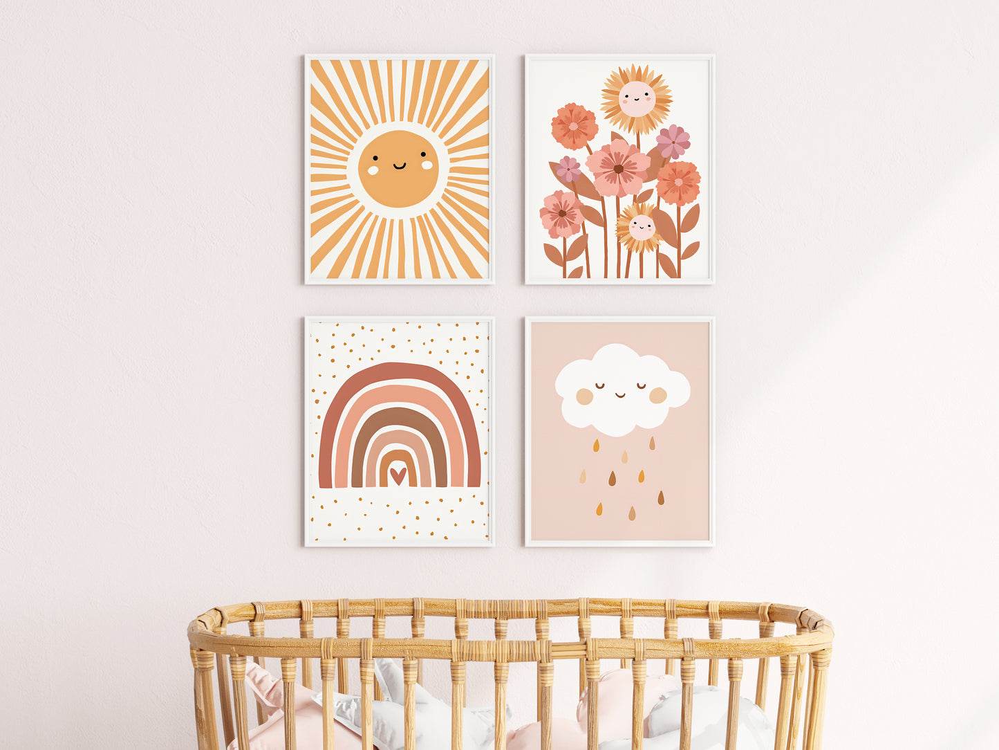 Poster Kinderzimmer Bilder Sonnenstrahlen Blumen Regenbogen und Regen Wolk als Deko Print ohne Rahmen
