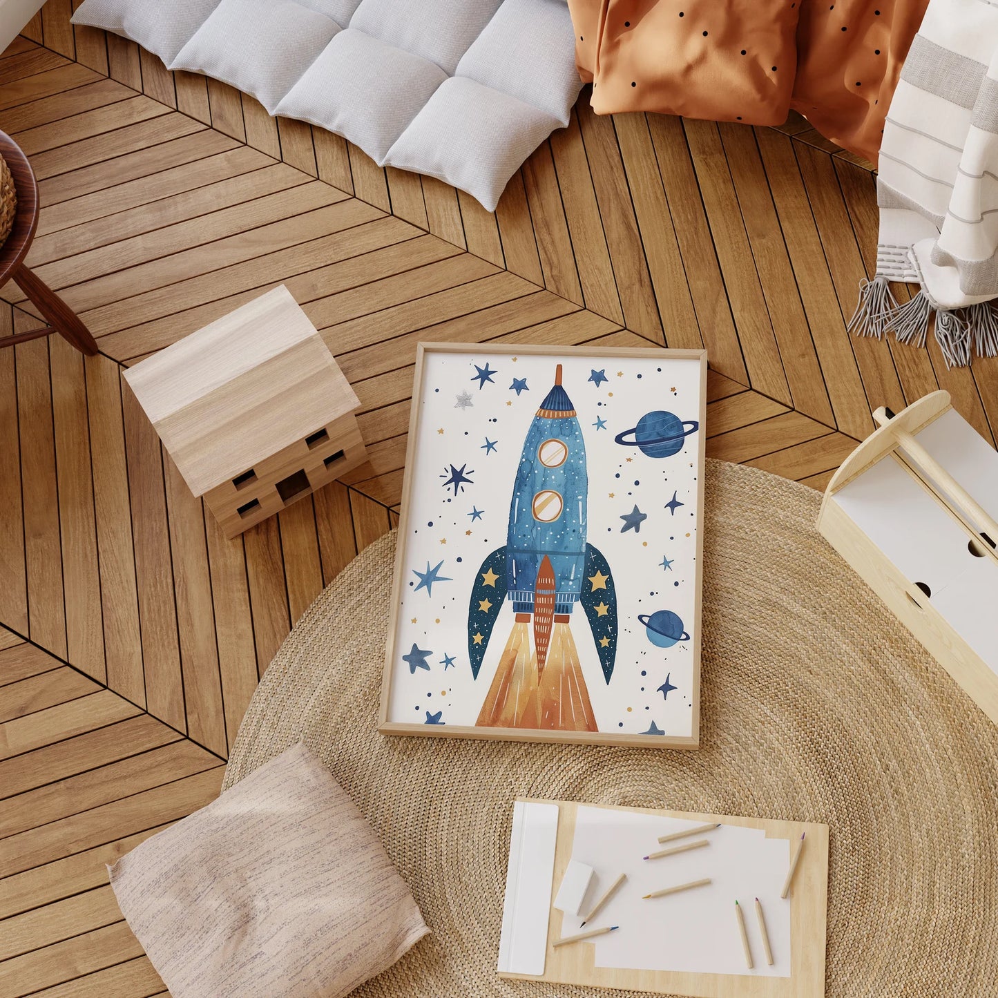 Astronaut Poster Kinderzimmer · Geschenkidee für Kinder · Kinderzimmer Deko · Weltraum Rakete & Planeten · Deko Print ohne Rahmen