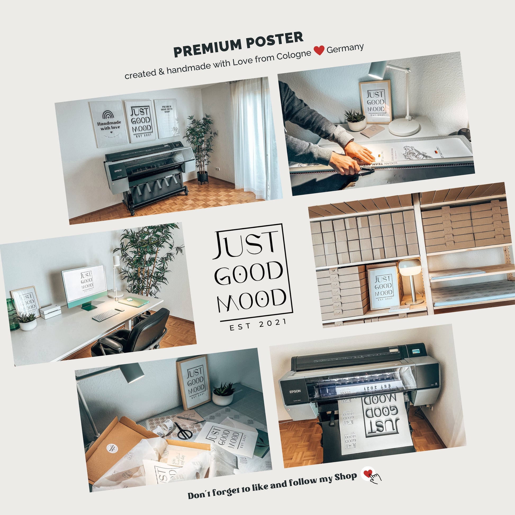 Moderne, handgefertigte Posterproduktion von JUSTGOODMOOD in einem kreativen Arbeitsumfeld. Präsentation von süße Hasen Poster für das Kinderzimmer, ideales Geschenk für Kinder, um fröhliche Akzente im Babyzimmer zu setzen.
