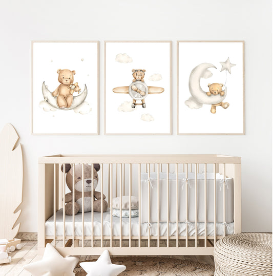 Poster Kinderzimmer Bilder · Geschenkidee für Kinder · Teddy Bären Flugzeug Pilot Mond Wolken· Deko Print ohne Rahmen