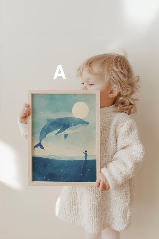 Wal Poster Kinderzimmer · Geschenkidee für Kinder ·Märchenhafte Ozeane · Traumhaftes Wal Abenteuer · Kind trifft Wal ·Deko Print ohne Rahmen