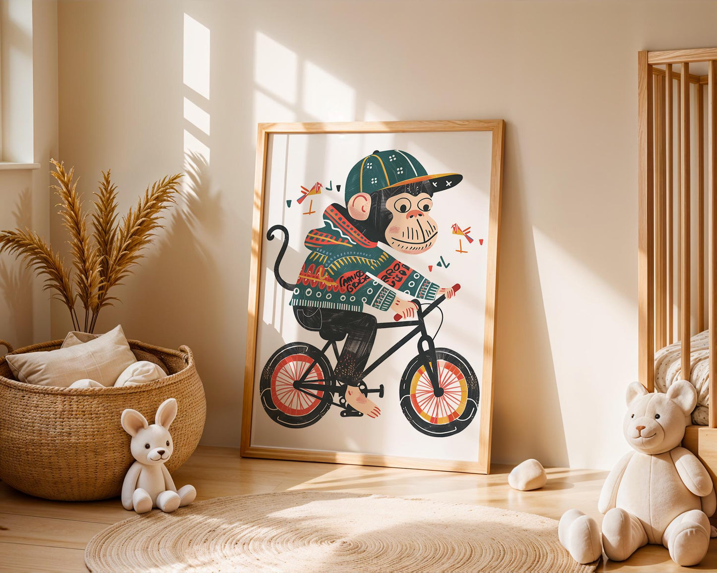 Lustige Tierwelt Poster Kinderzimmer · Geschenkidee für Kinder · Radfahrender Affe · E-Scooter Spaß ·Stylisches Zebra·Deko Print ohne Rahmen