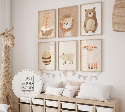 Boho Babyzimmer Poster · Giraffe, Löwe, Bär, Biene, Schwein, Schaf · Niedliche Tier Wandkunst · Skandi Stil ·Pastell· Deko Print ohne Rahmen