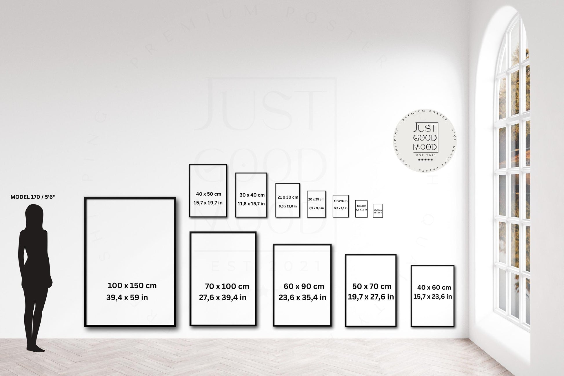 Süße Hasen Poster Kinderzimmer von JUSTGOODMOOD, gezeigt mit einer stilvollen Übersicht über verschiedene Posterformate an einer hellen Wand, perfekt zur Auswahl für jede Einrichtung.
