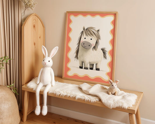 Poster Kinderzimmer Pony · Süßes Pferd Illustration · Liebevolles Tiermotiv für Kinderzimmer · Ländliche Boho Deko · Dekoprint ohne Rahmen