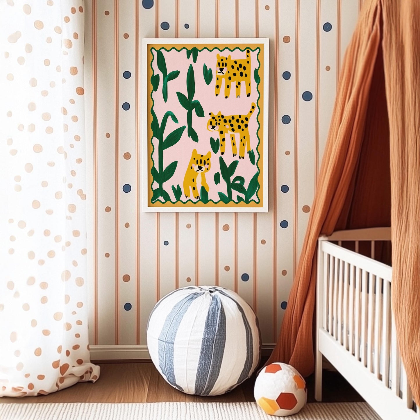 Poster Kinderzimmer Leoparden · Tierposter mit Dschungelpflanzen · Bunte Safari Wanddeko für Kinderzimmer · Dekoprint ohne Rahmen