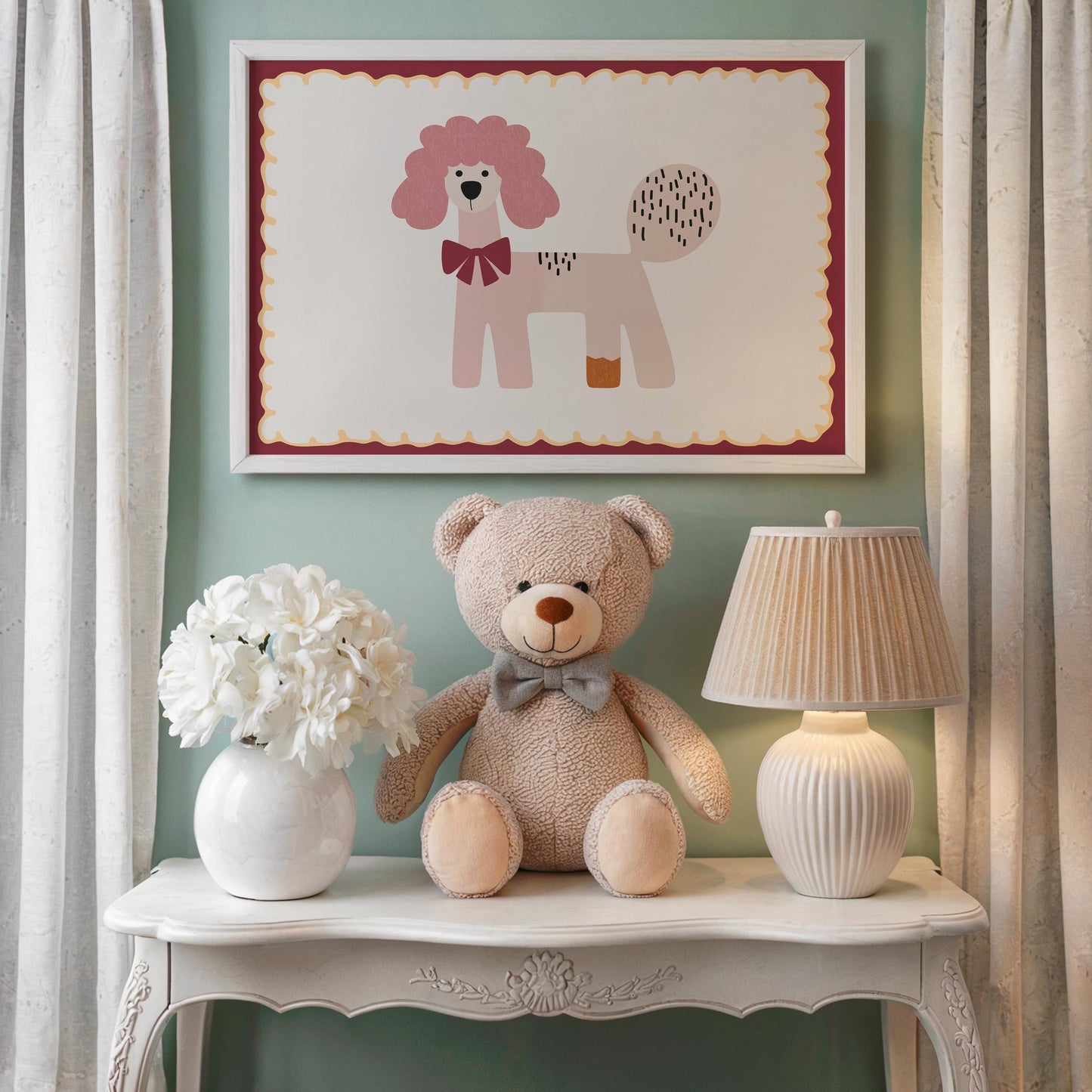 Poster Kinderzimmer Hund · Rosa Pudel mit Schleife · Verspieltes Tierposter im Retro Look · Liebevolle Deko für Kinder · Print ohne Rahmen