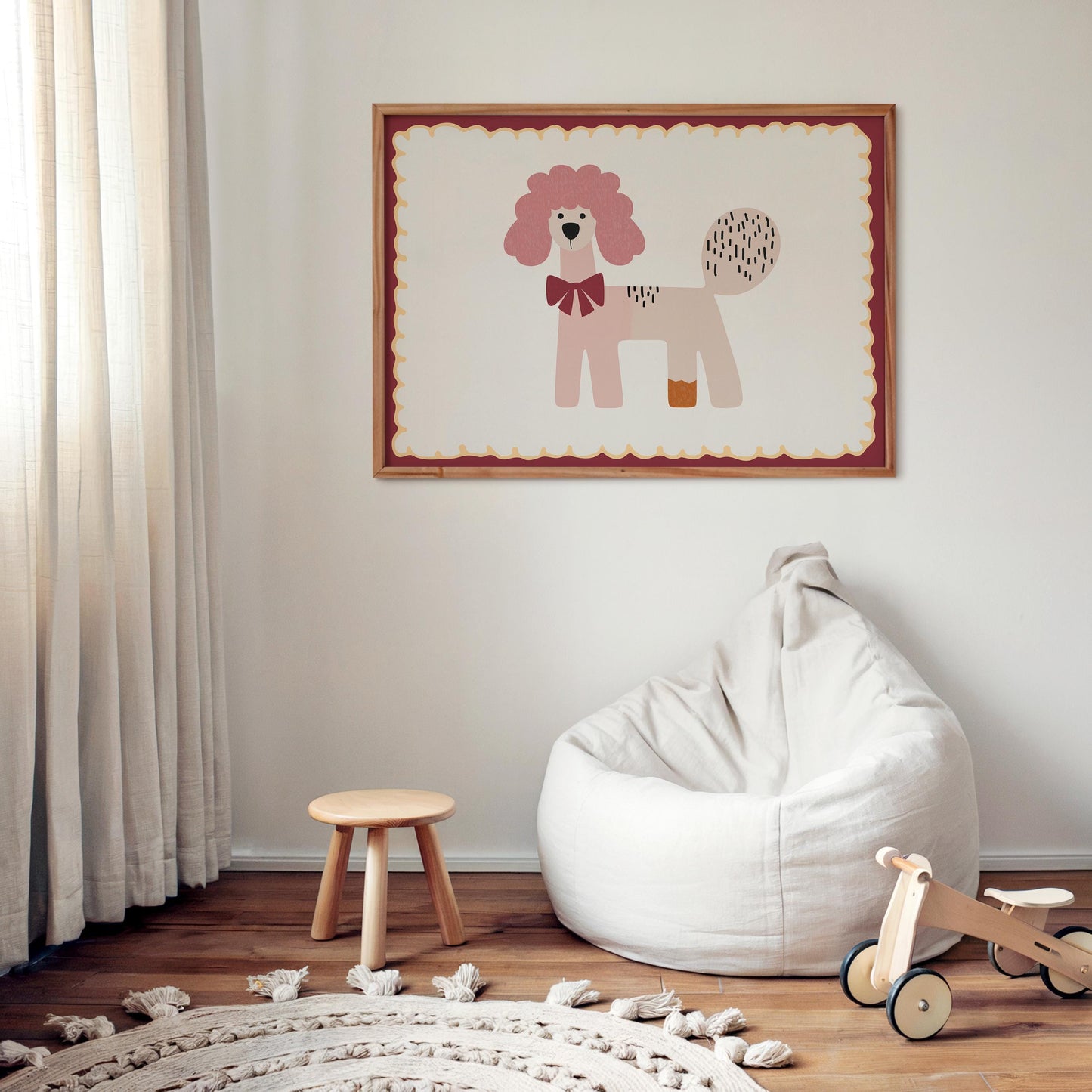 Poster Kinderzimmer Hund · Rosa Pudel mit Schleife · Verspieltes Tierposter im Retro Look · Liebevolle Deko für Kinder · Print ohne Rahmen