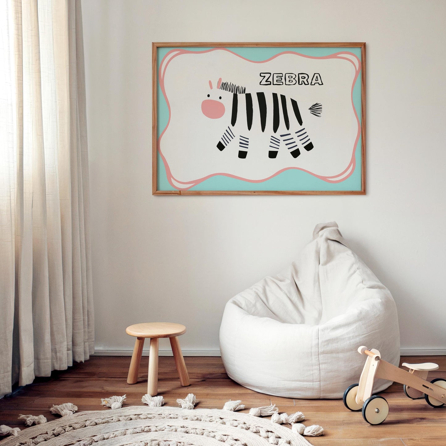 Poster Kinderzimmer Zebra · Tierposter mit schwarz-weißem Zebra im Skandi-Stil · Bunte Wanddeko für Kinder & Babys · Deko ohne Rahmen