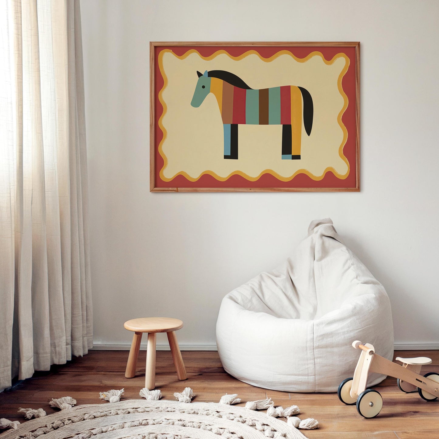 Poster Kinderzimmer Pferd · Bunt gestreiftes Pferd · Farbenfrohe Deko für Mädchen & Jungen · Fröhliches Tierposter Dekoprint ohne Rahmen