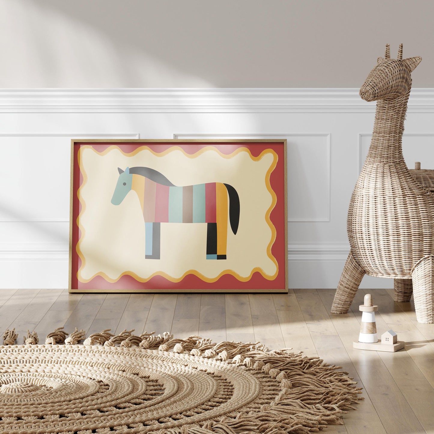 Poster Kinderzimmer Pferd · Bunt gestreiftes Pferd · Farbenfrohe Deko für Mädchen & Jungen · Fröhliches Tierposter Dekoprint ohne Rahmen