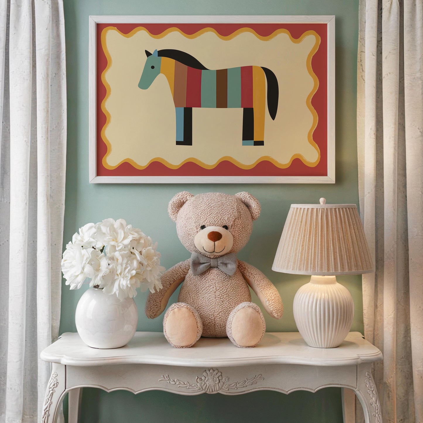 Poster Kinderzimmer Pferd · Bunt gestreiftes Pferd · Farbenfrohe Deko für Mädchen & Jungen · Fröhliches Tierposter Dekoprint ohne Rahmen