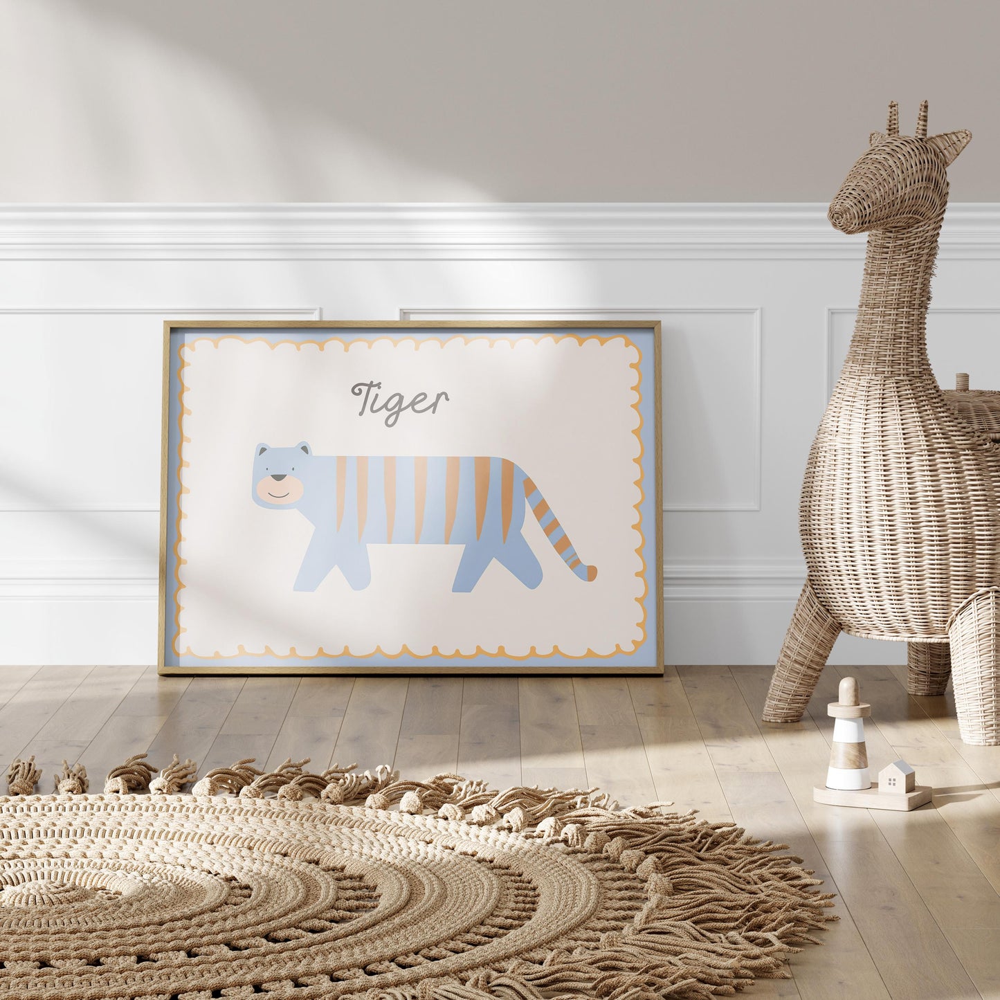 Poster Kinderzimmer Tiger · Süßer blauer Tiger mit Streifen · Tierposter für Jungen & Mädchen · Skandi Dekoprint ohne Rahmen