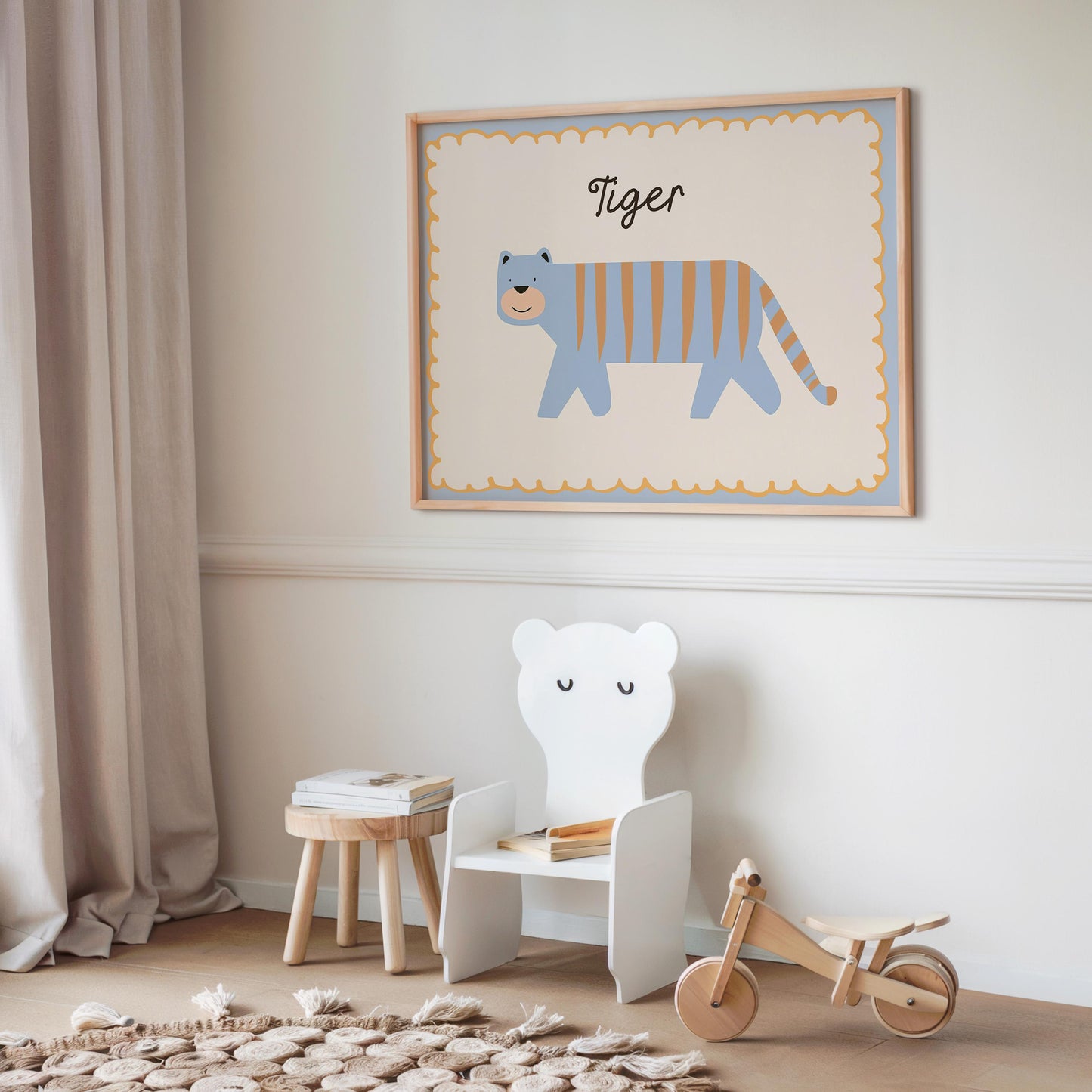 Poster Kinderzimmer Tiger · Süßer blauer Tiger mit Streifen · Tierposter für Jungen & Mädchen · Skandi Dekoprint ohne Rahmen