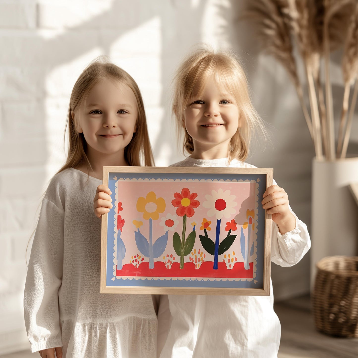 Poster Kinderzimmer Blumen · Buntes Blumenbild im Skandi Stil · Fröhliche Wanddeko für Mädchenzimmer · Dekoprint ohne Rahmen