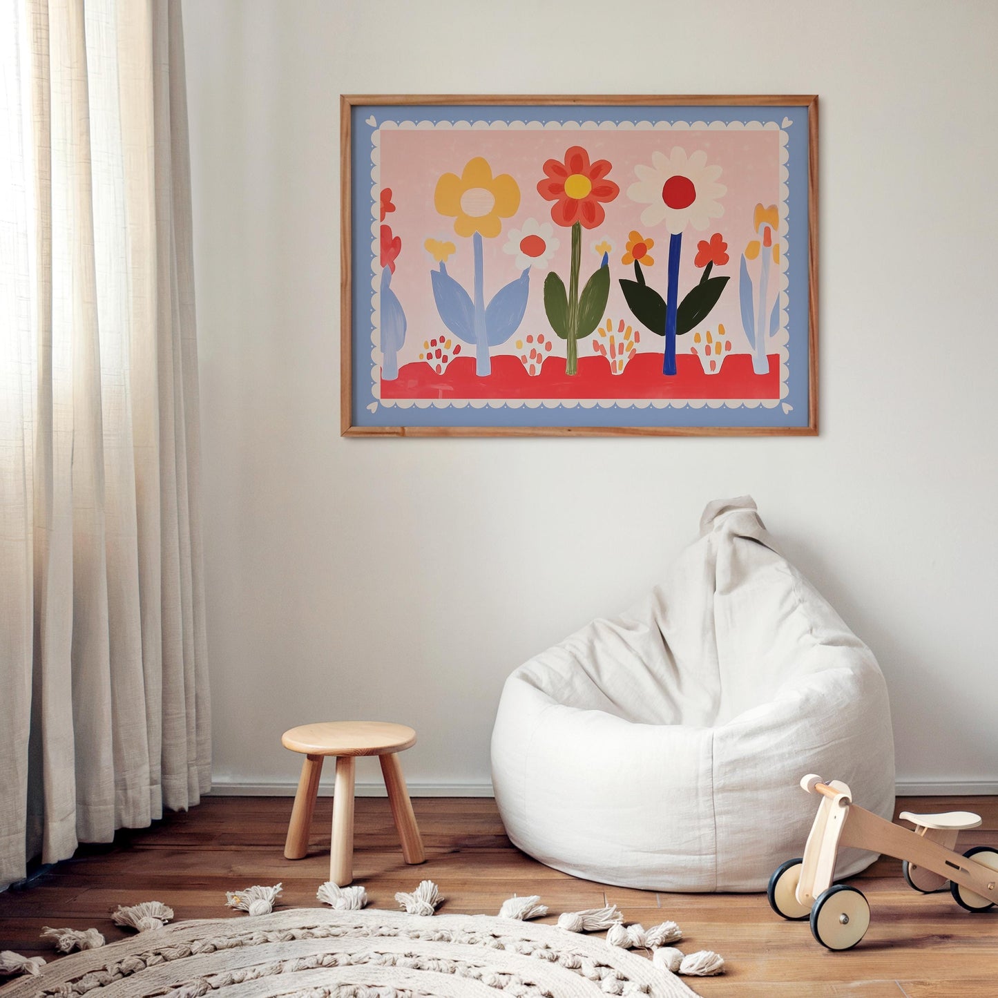 Poster Kinderzimmer Blumen · Buntes Blumenbild im Skandi Stil · Fröhliche Wanddeko für Mädchenzimmer · Dekoprint ohne Rahmen