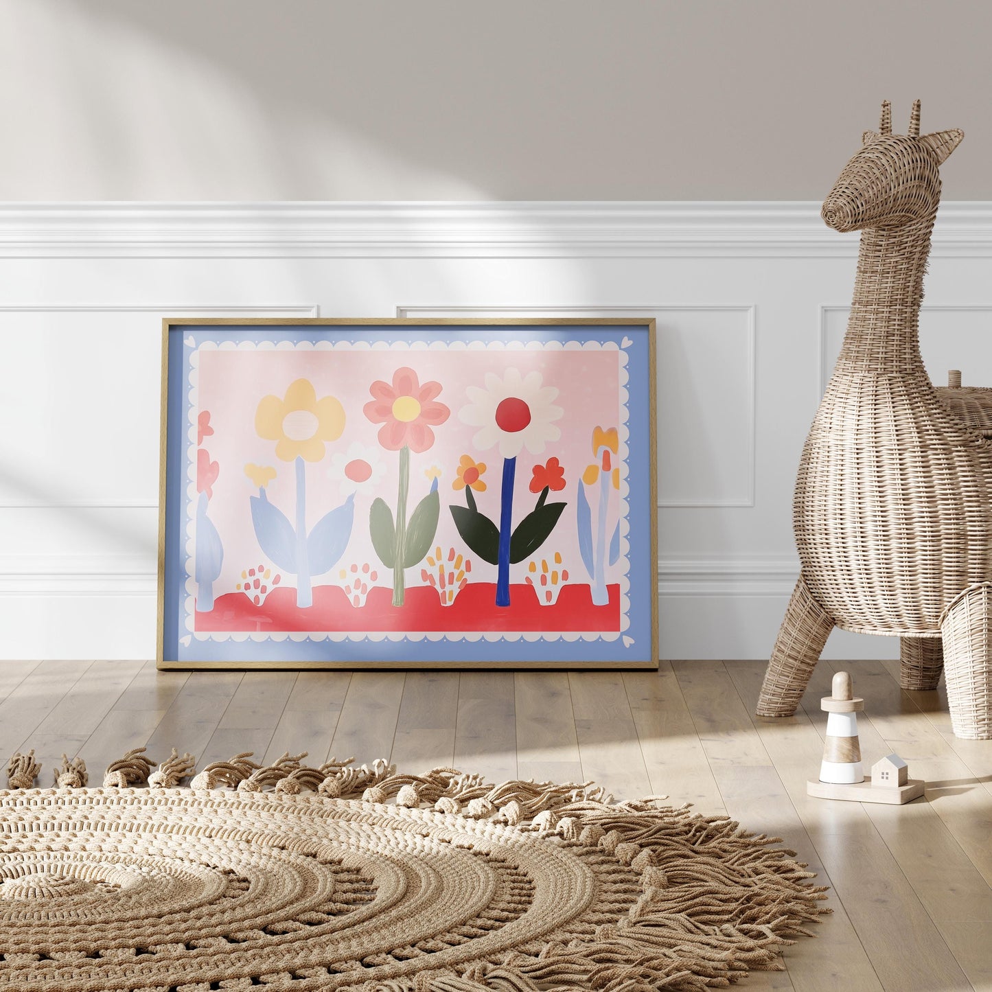 Poster Kinderzimmer Blumen · Buntes Blumenbild im Skandi Stil · Fröhliche Wanddeko für Mädchenzimmer · Dekoprint ohne Rahmen