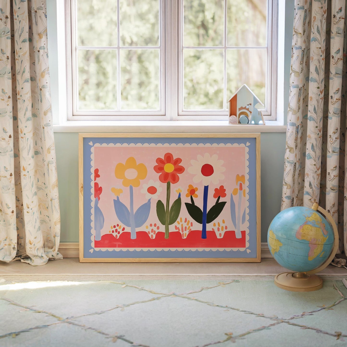 Poster Kinderzimmer Blumen · Buntes Blumenbild im Skandi Stil · Fröhliche Wanddeko für Mädchenzimmer · Dekoprint ohne Rahmen