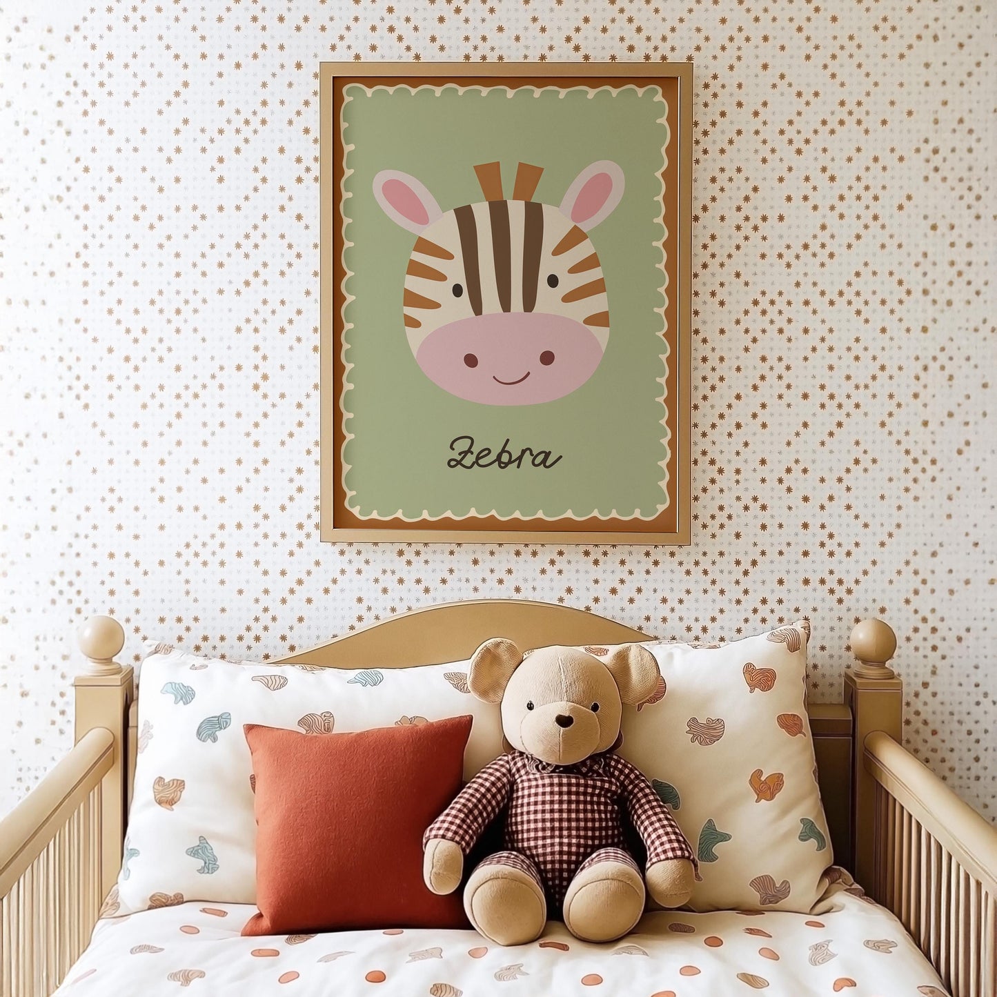 Poster Kinderzimmer Zebra · Niedliches Tiermotiv auf Grün · Safari Deko für Babyzimmer · Liebevoll illustriert · Dekoprint ohne Rahmen