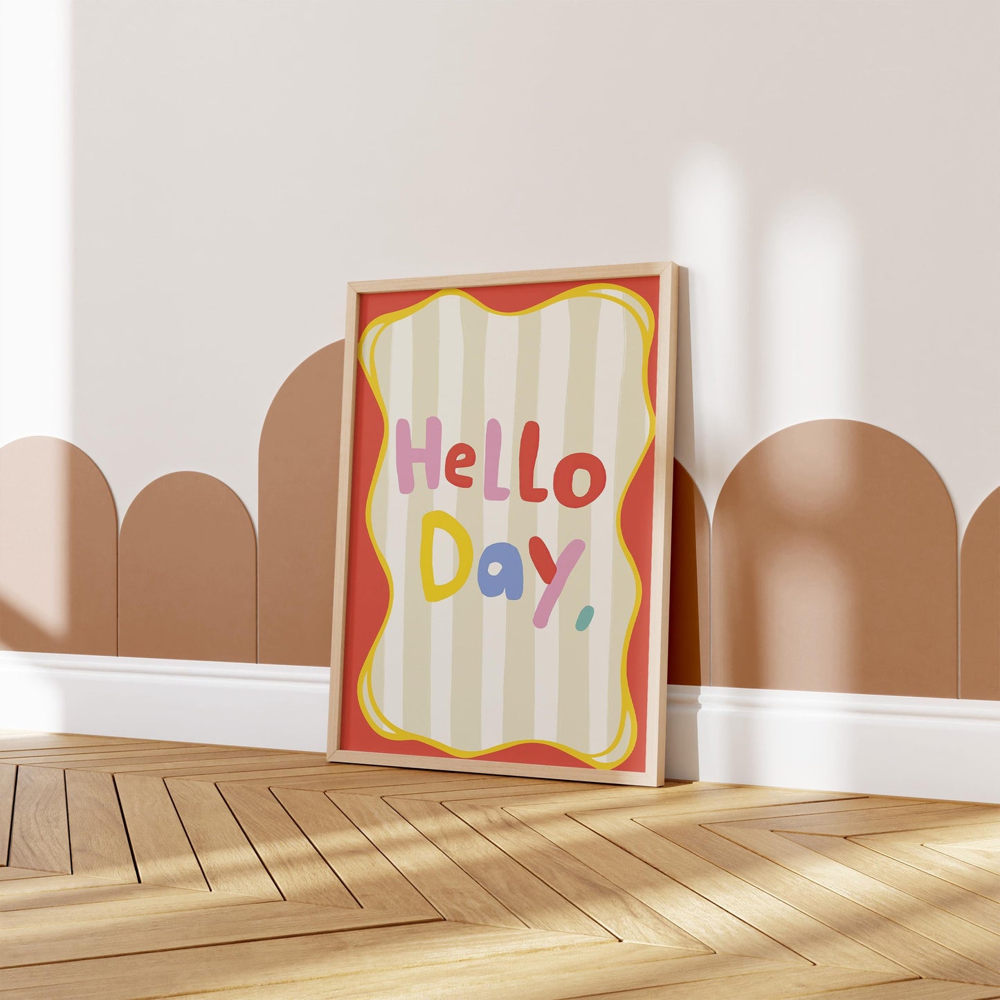 Poster Kinderzimmer · Hello Day Schriftzug · Fröhliches Spruchposter in bunten Farben · Gute-Laune-Deko für Kinder · Dekoprint ohne Rahmen
