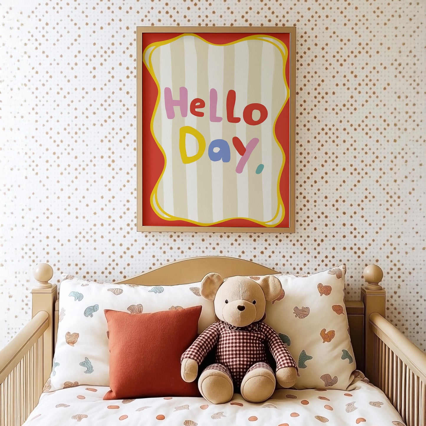 Poster Kinderzimmer · Hello Day Schriftzug · Fröhliches Spruchposter in bunten Farben · Gute-Laune-Deko für Kinder · Dekoprint ohne Rahmen