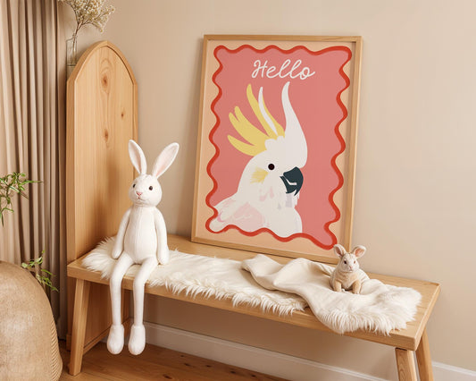 Poster Kinderzimmer Vogel · Kakadu mit Hello Schriftzug · Bunte Tierillustration · Tropische Wanddeko für Kinder · Deko Print Ohne Rahmen