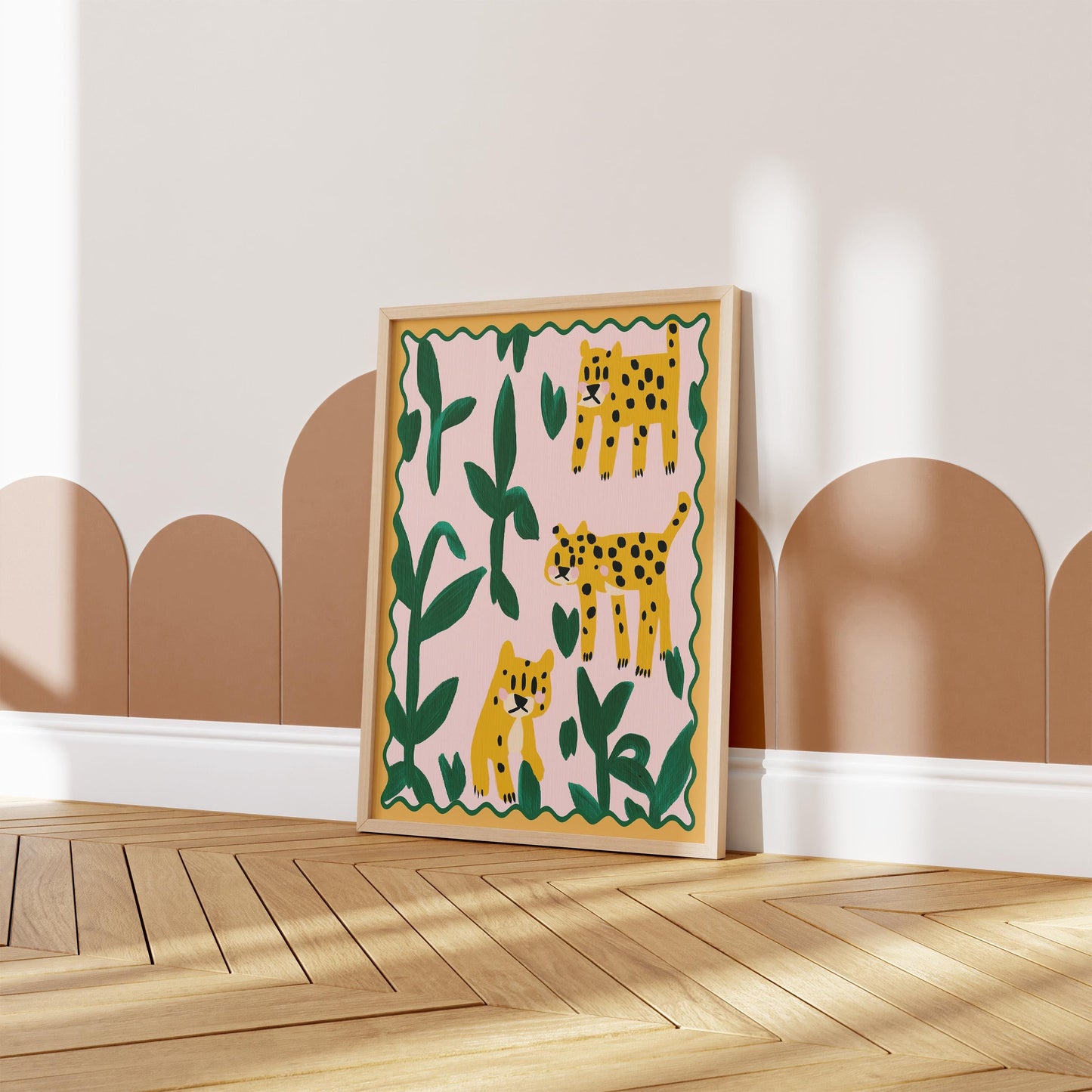 Poster Kinderzimmer Leoparden · Tierposter mit Dschungelpflanzen · Bunte Safari Wanddeko für Kinderzimmer · Dekoprint ohne Rahmen