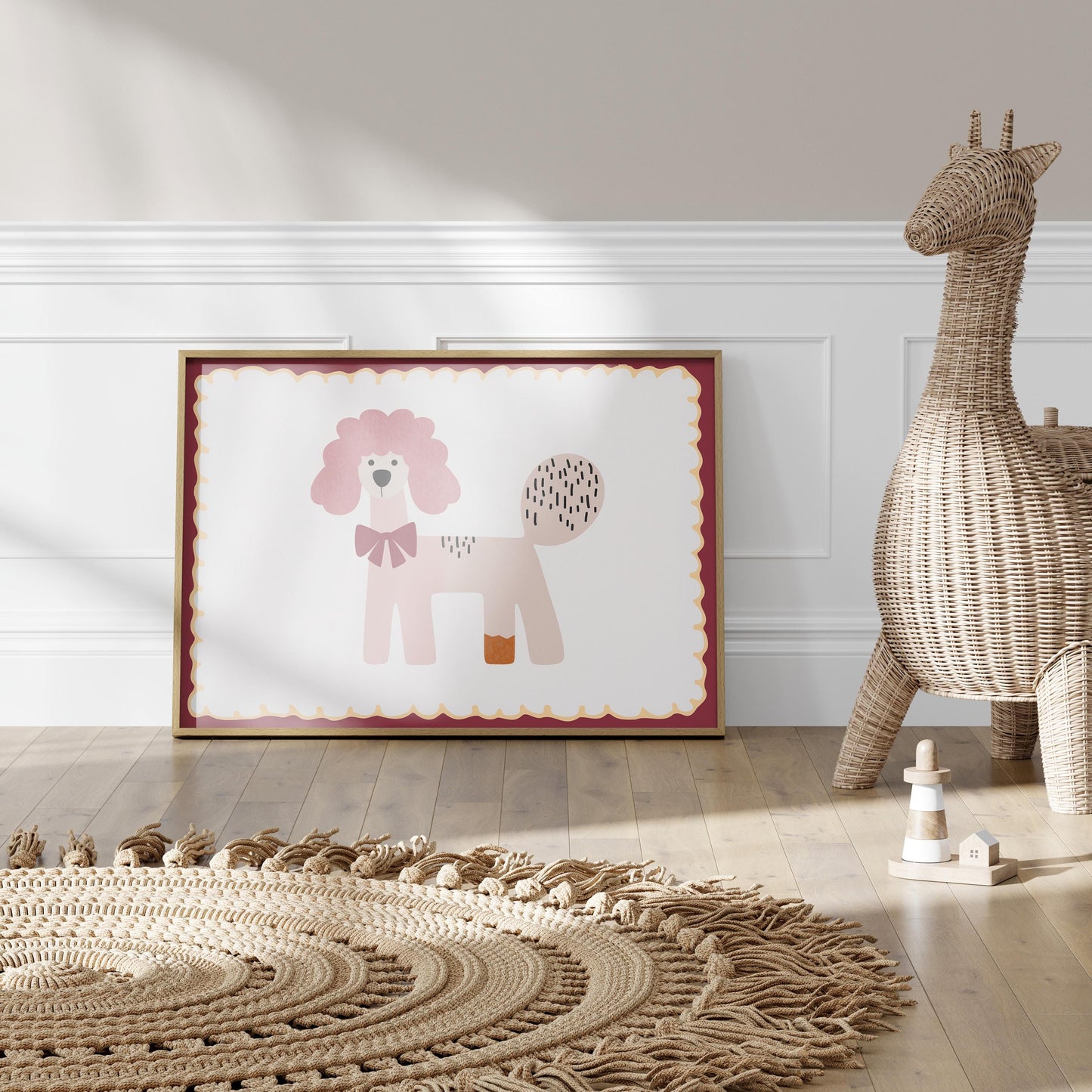 Poster Kinderzimmer Hund · Rosa Pudel mit Schleife · Verspieltes Tierposter im Retro Look · Liebevolle Deko für Kinder · Print ohne Rahmen