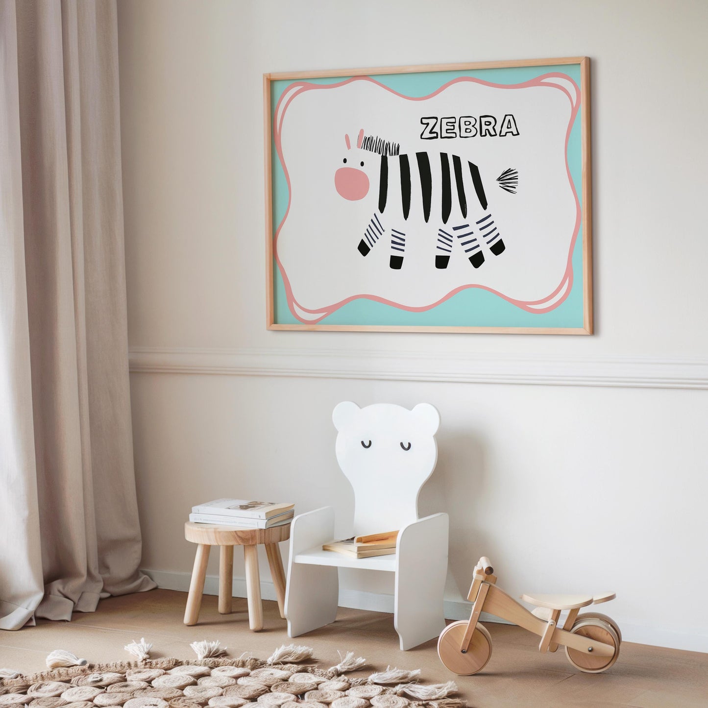 Poster Kinderzimmer Zebra · Tierposter mit schwarz-weißem Zebra im Skandi-Stil · Bunte Wanddeko für Kinder & Babys · Deko ohne Rahmen
