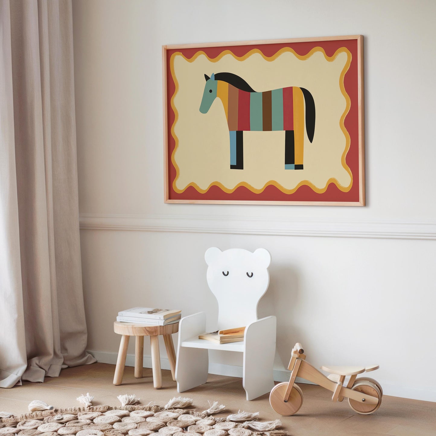 Poster Kinderzimmer Pferd · Bunt gestreiftes Pferd · Farbenfrohe Deko für Mädchen & Jungen · Fröhliches Tierposter Dekoprint ohne Rahmen