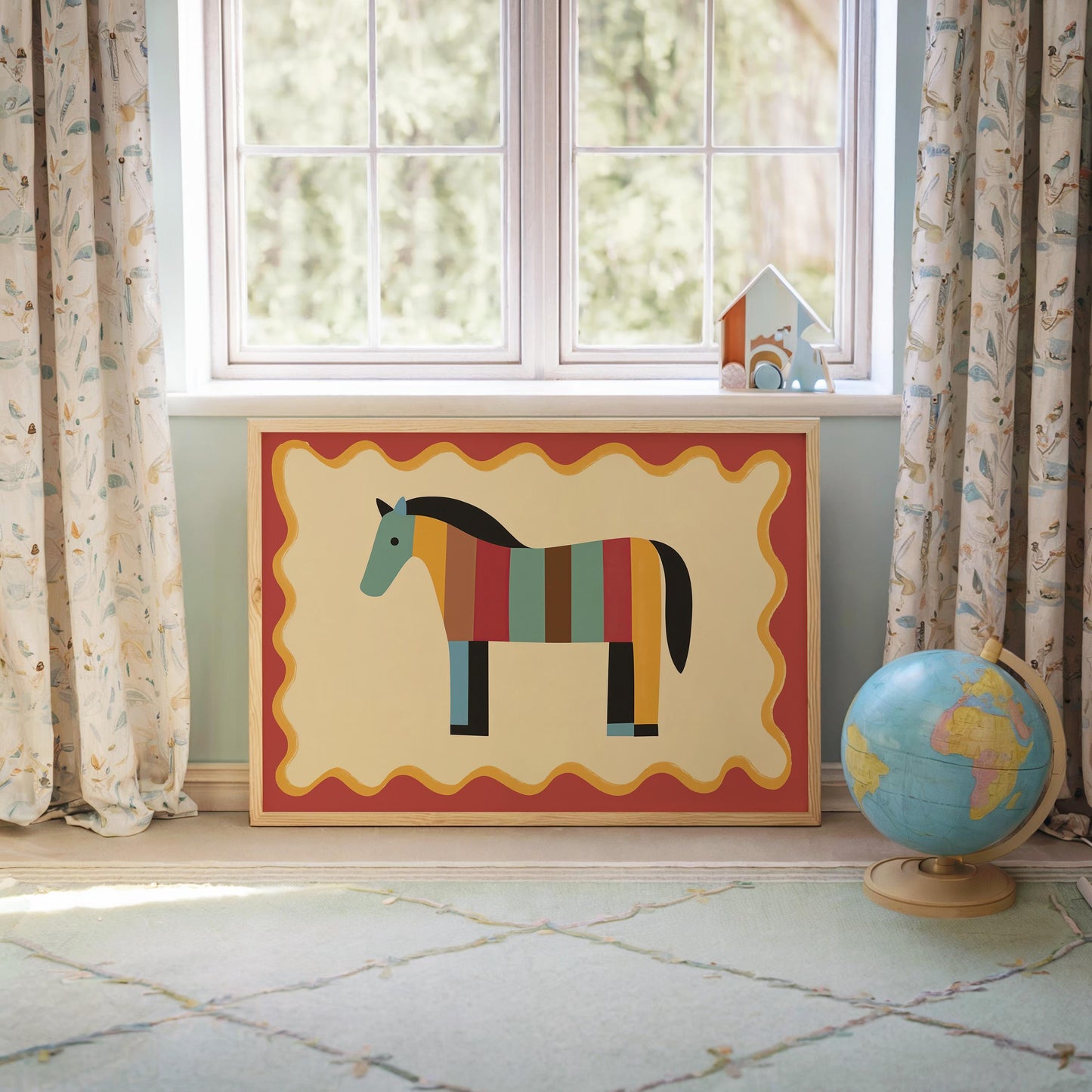 Poster Kinderzimmer Pferd · Bunt gestreiftes Pferd · Farbenfrohe Deko für Mädchen & Jungen · Fröhliches Tierposter Dekoprint ohne Rahmen