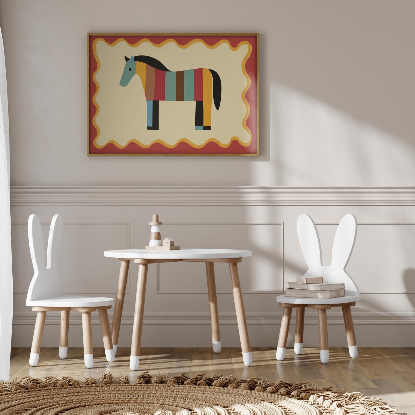 Poster Kinderzimmer Pferd · Bunt gestreiftes Pferd · Farbenfrohe Deko für Mädchen & Jungen · Fröhliches Tierposter Dekoprint ohne Rahmen