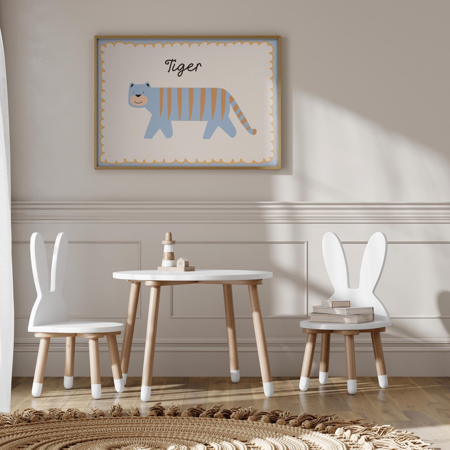 Poster Kinderzimmer Tiger · Süßer blauer Tiger mit Streifen · Tierposter für Jungen & Mädchen · Skandi Dekoprint ohne Rahmen