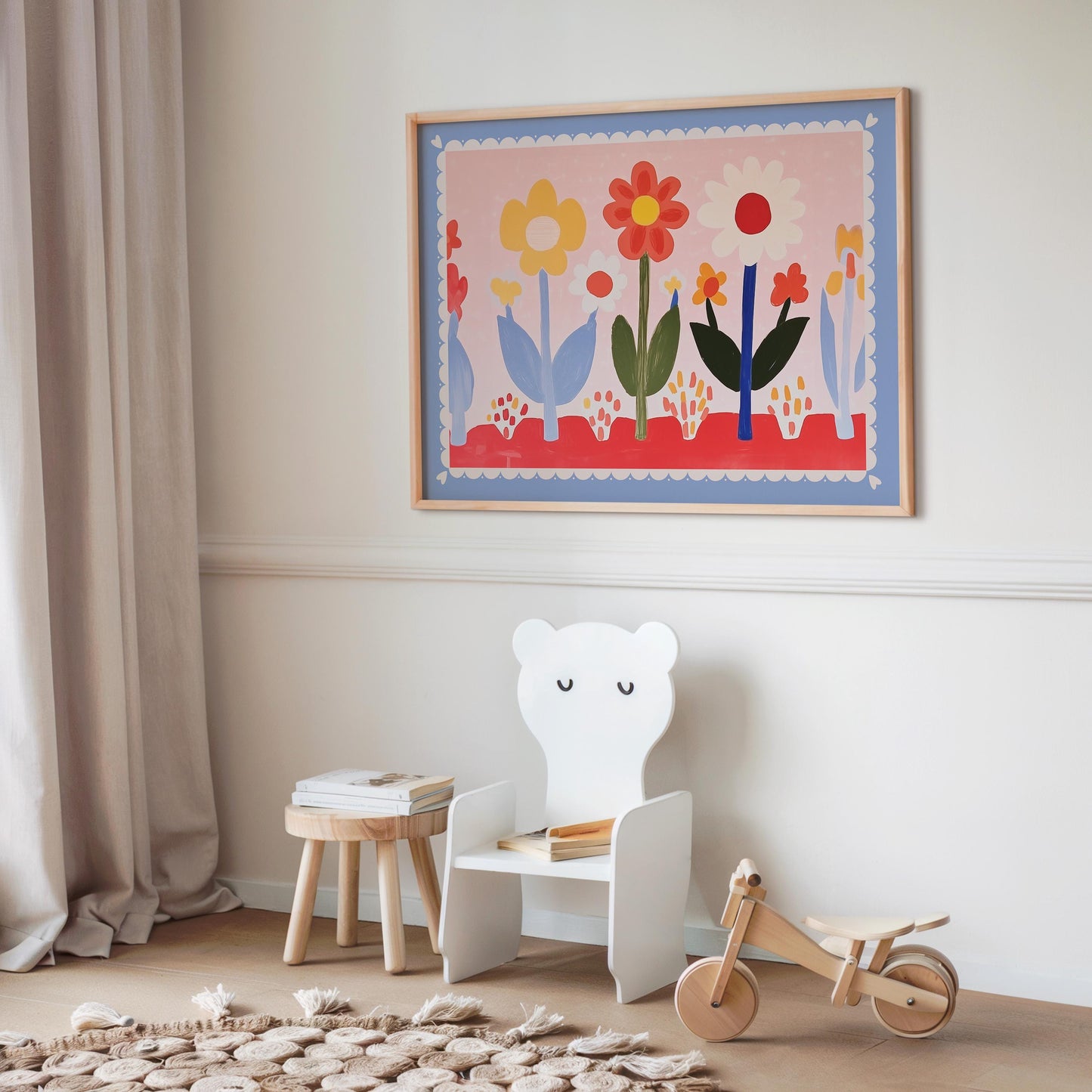Poster Kinderzimmer Blumen · Buntes Blumenbild im Skandi Stil · Fröhliche Wanddeko für Mädchenzimmer · Dekoprint ohne Rahmen