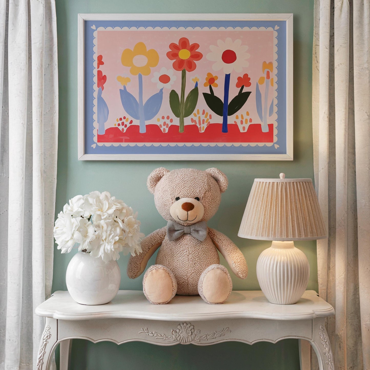 Poster Kinderzimmer Blumen · Buntes Blumenbild im Skandi Stil · Fröhliche Wanddeko für Mädchenzimmer · Dekoprint ohne Rahmen