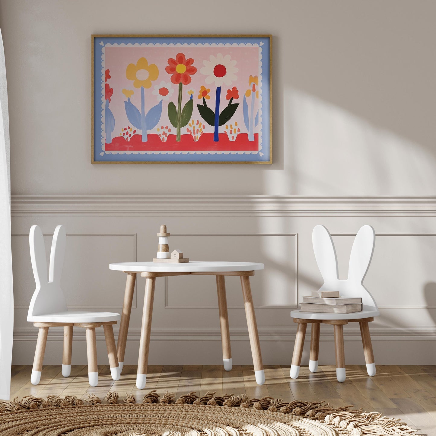 Poster Kinderzimmer Blumen · Buntes Blumenbild im Skandi Stil · Fröhliche Wanddeko für Mädchenzimmer · Dekoprint ohne Rahmen
