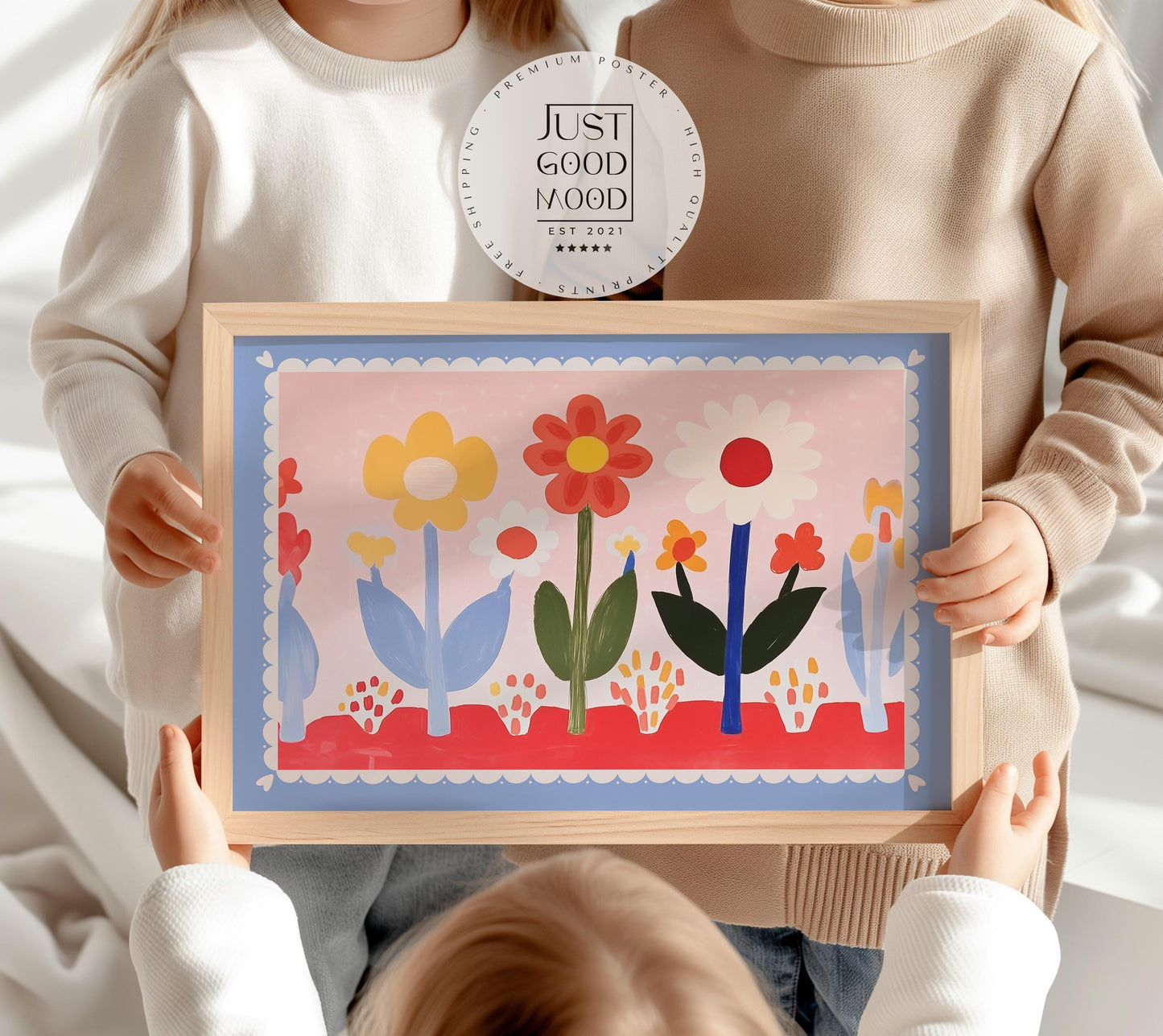 Poster Kinderzimmer Blumen · Buntes Blumenbild im Skandi Stil · Fröhliche Wanddeko für Mädchenzimmer · Dekoprint ohne Rahmen