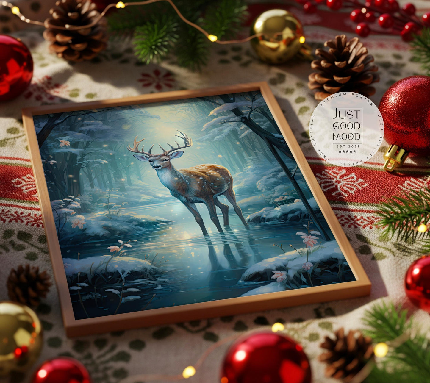 Hirsch Winter Poster · Geschenkidee für Weihnachtsliebhaber · Magischer Wald Schnee Hirsch · Dekoprint ohne Rahmen