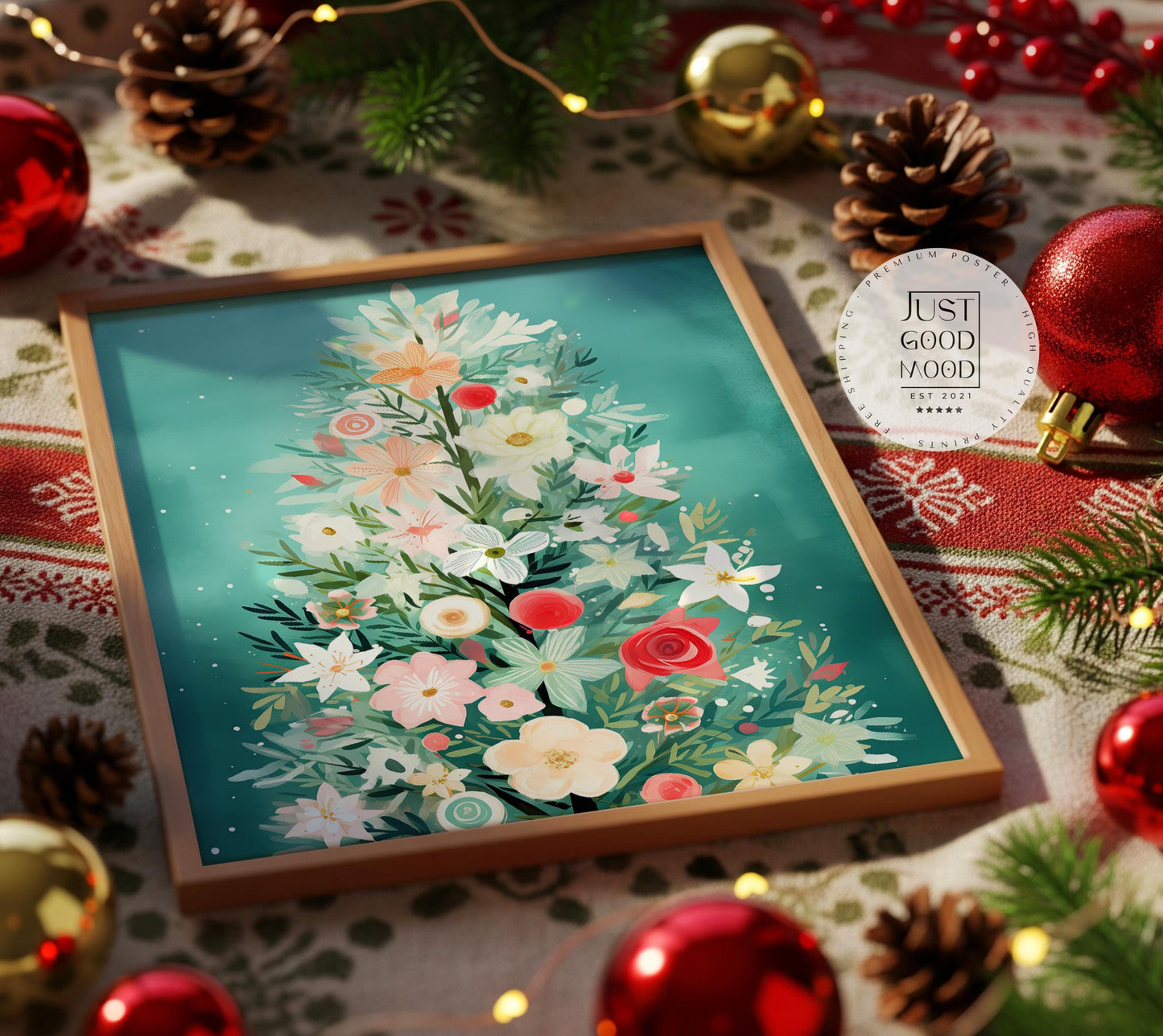 Blumen Weihnachtsbaum Poster · Winter Stadtbild Wanddeko · Geschenkidee · Festliche Weihnachtskunst · Dekoprint ohne Rahmen