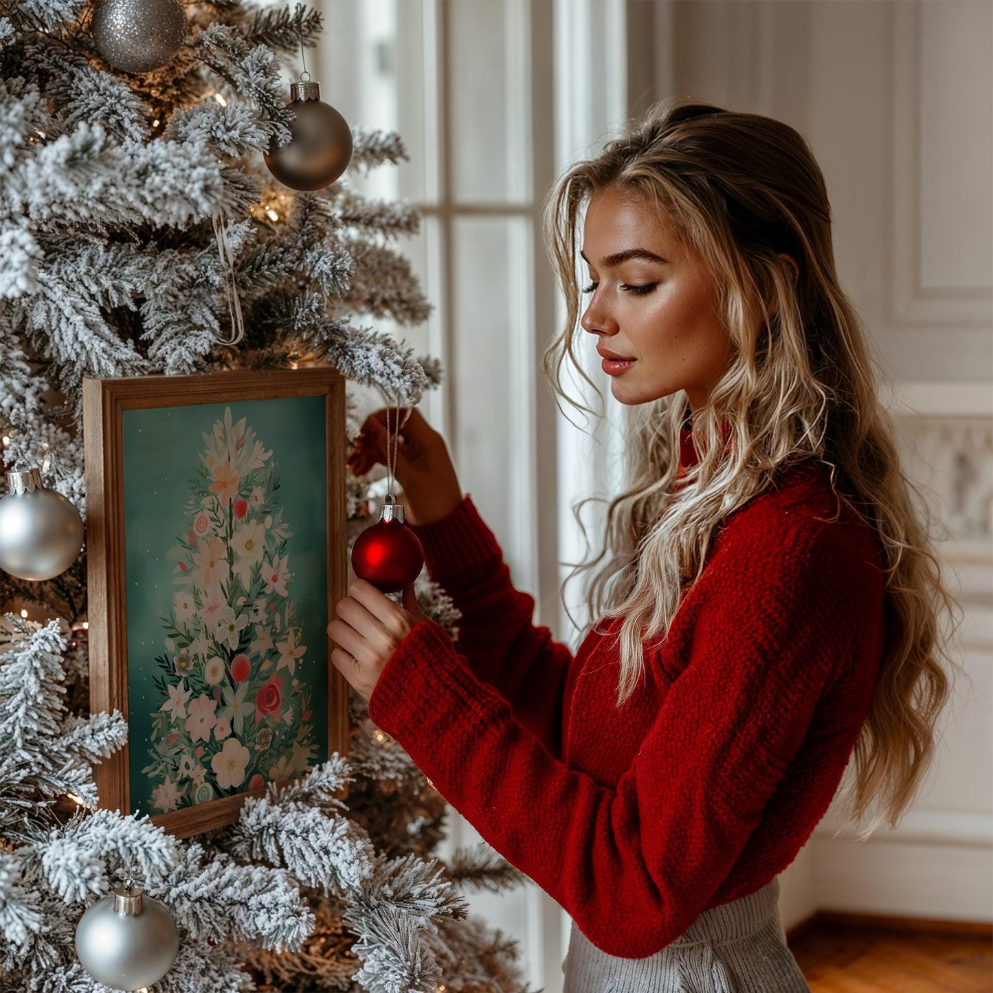 Blumen Weihnachtsbaum Poster · Winter Stadtbild Wanddeko · Geschenkidee · Festliche Weihnachtskunst · Dekoprint ohne Rahmen