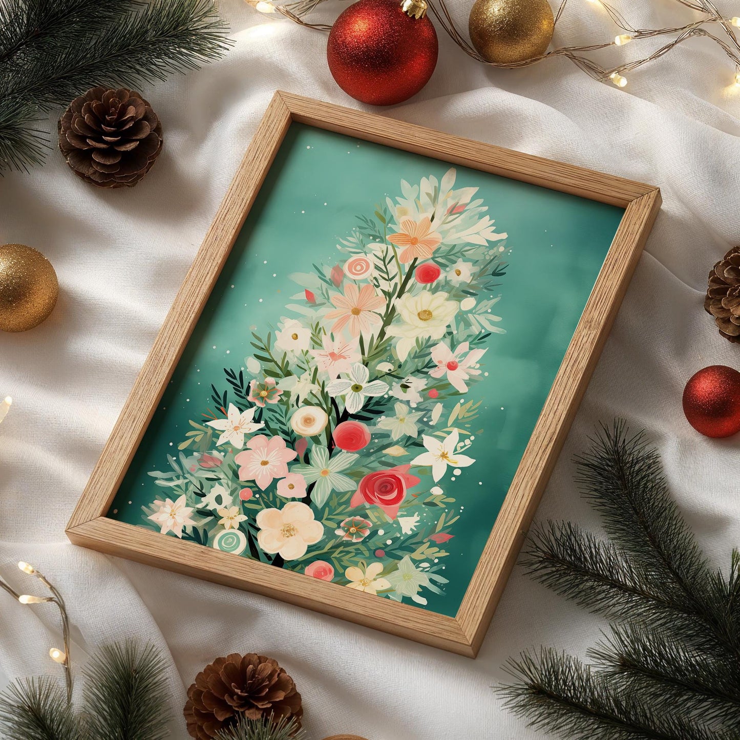 Blumen Weihnachtsbaum Poster · Winter Stadtbild Wanddeko · Geschenkidee · Festliche Weihnachtskunst · Dekoprint ohne Rahmen