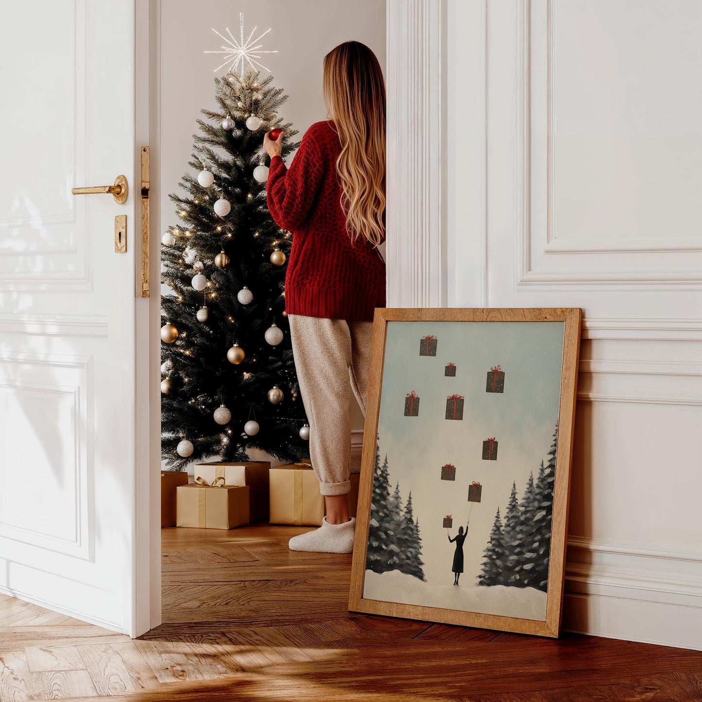 Geschenke Poster · Magische Weihnachts Deko · Geschenkidee · Traumhafte Schnee Szene · Dekoprint ohne Rahmen